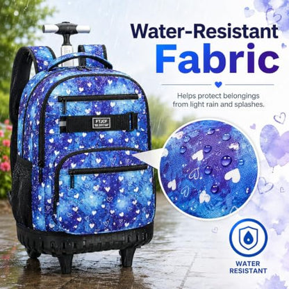 3Pcs Rolling Backpack for Girls Women, Travel Roller Backpacks with Wheels for Adults, Teens College Love Polka Dots Wheeled Bookbag with Lunch Box(Blue) - color: Blue