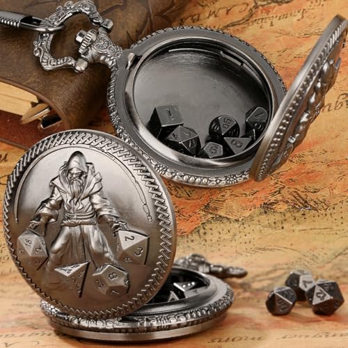 Mini DND Dice Set, Hand Held Dice Wizard Pocket Watch Shell Case, 7 Piece Polyhedral Metal D&D Dice Set, DND Gifts with Gift Box, Role Playing Board Game Accessories, Dark Silver - color: Dark Silver