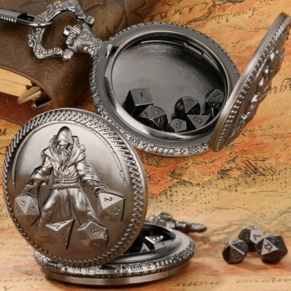 Mini DND Dice Set, Hand Held Dice Wizard Pocket Watch Shell Case, 7 Piece Polyhedral Metal D&D Dice Set, DND Gifts with Gift Box, Role Playing Board Game Accessories, Dark Silver - color: Dark Silver
