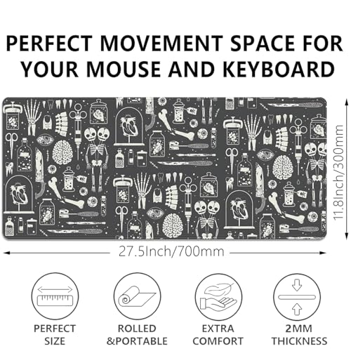 Human Skeleton Medical Mouse Pad,Large X Ray Mousepad Desk Pad with Stitched Edges,Non-Slip Waterproof Rubber Base Mouse Mat for Office Computer Keyboard Laptop Home 27.5x11.8 in - color: X-Rays