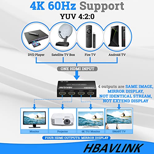 HDMI Splitter 1 in 4 Out 4K 4 Port HDMI Splitter Powered Video Splitter 4 Outputs w/HDMI Cord+ AC Adapter Duplicate/Mirror Screens for Fire Stick/Roku/DirecTV/Cable Box/Security Cameras - size: Splitter 1x4 4K@30Hz