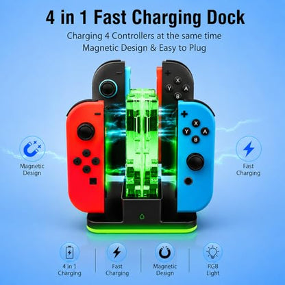 4 in 1 Charging Dock Compatible with Nintendo Switch 2/Switch 1 for Joy Con & JoyCons 2 Magnetic Fast Controller Charger Dock Station with RGB Light