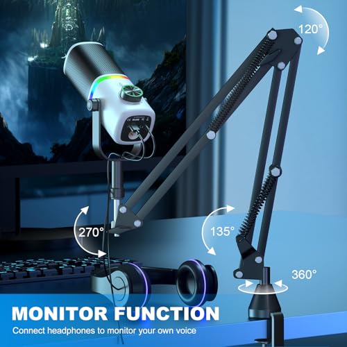 AK-10 USB Gaming Microphone with mic arm, Condenser Microphone for PC/MAC/PS4/PS5/Phone-Cardioid Mic with RGB Lighting（White） - color: Ivory