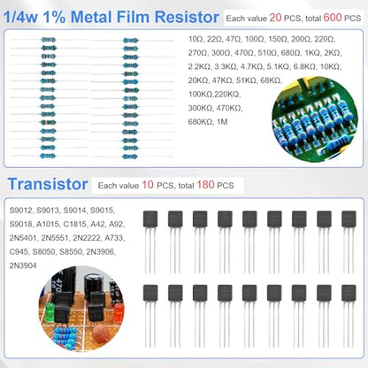 Electronic Component Kit, 1628 Pcs DIY Electronics Kit with LED Diodes, Diodes, Metal Film Resistors, Electrolytic Capacitor, Transistors, Ceramic Capacitors, Dupont Wire, PCB Board, Breadboard - style: 1628 Pcs