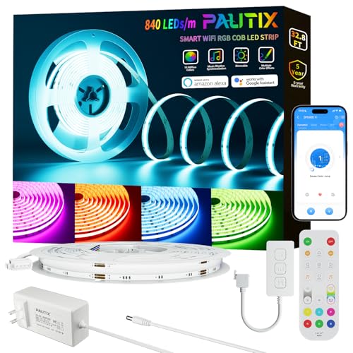 PAUTIX RGB COB LED Strip Light 32.8ft/10m,UL Listed 840LEDs/m 24V Multicolor Flexible Tape Light,Work with Alexa/Google Assistant Color Changing LED Strip Light,for TV,Bedroom,Party DIY Decoration - size: RGB Kit 32.8ft/10m(Upgraded)