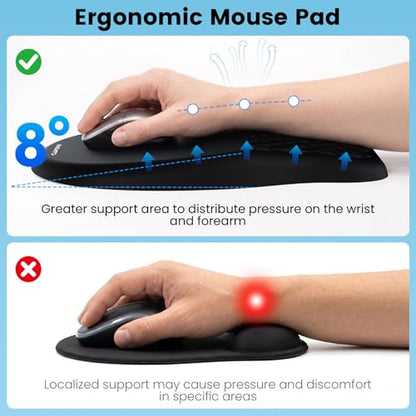 Ergonomic Mouse Pad with Slope Wrist Support & Massage Bulge,Memory Foam Wrist Rest Mousepad for Pain Relief,Non-Slip PU Base for Office & Home,12.3x8.2 Inches,Black