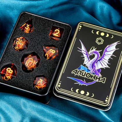 ARUOHHA DND Resin Dice Gazes Eye Dice Liquid Core Flaming RPG Sharp Edged Dice Set with Gift Box, Polyhedral D and D Dice Set Compatible with Dungeons Dragons Role Playing Game D20 D12 D10 D8 D6 - color: Sl02-red