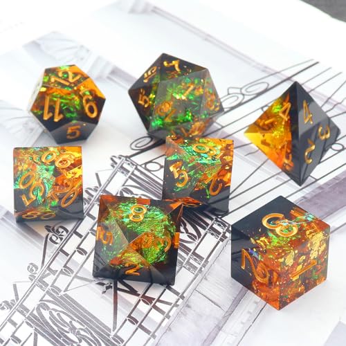 Haxtec Sharp Edge DND Dice Set, Holographic Resin Polyhedral RPG Dice | Galaxy D&D Dice, Compatible with Dungeons and Dragons, Yellow Black Handmade 7-Die with Metal Case, MTG Gifts - color: Yellow Black