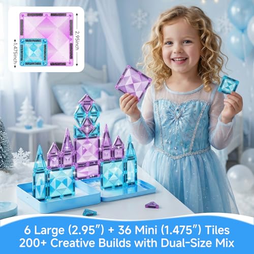 burgkidz Magnetic Travel Tiles for Kids 3-8: 42PCS Large & Small Ice Blue Purple Glitter Blocks – 2-in-1 Storage & Base – 90+ Min Quiet Play, 300+ Builds, 30s Cleanup – Car & Plane Toys for Girls - color: Blue