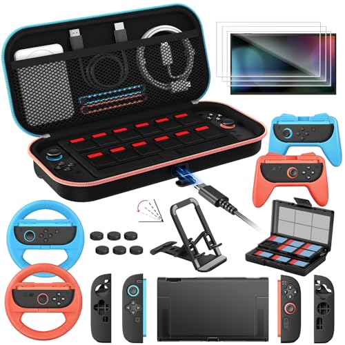 ivoler 21-in-1 Accessories Bundle Kits for Nintendo Switch 2 - Includes Charging Carrying Case, Protective Cover, Screen Protectors, Steering Wheels, Game Stand,Joycon Controller Grips,Game Card Case - color: Carbon Black-21 in 1, size: 7.9''