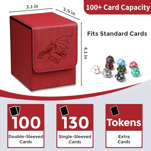 Card Deck Box with 2 Dividers, MTG Commander Deck Box Holds 100+ Double-Sleeved Cards, Leather Magnetic Deck Case Compatible with Magic TCG CCG Cards, Red/Dragon - color: 4. Red,Dragon 01, size: 100 Double-sleeved Cards Vertical