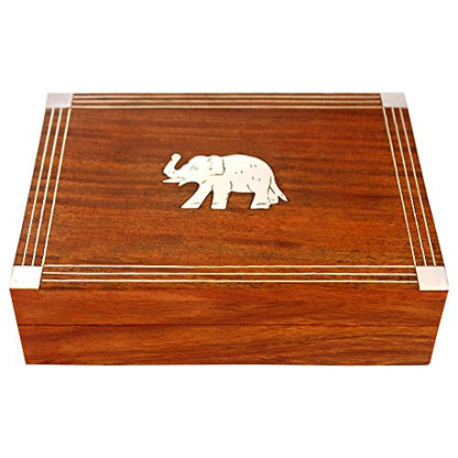 Wooden Double Deck Card Holder Box – Solid Wood Playing Card Storage Case for Poker & Bridge Decks (Elephant Inlay)