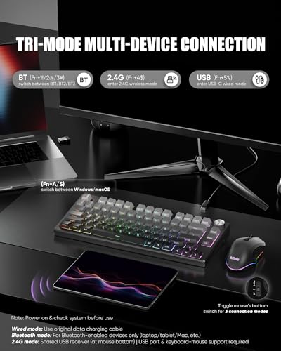RedThunder K75 Wireless Membrane Keyboard & Mouse Combo,75% Side-Engraved Keycaps,Optical Gaming Mouse with 4800DPI,3 Modes(BT/2.4G/Wired),Dual System,RGB Backlit,Rechargeable Battery,Gradient Gray - color: Gray Gradient