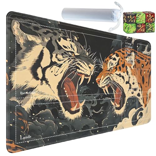 for MTG Card Playmat with Zones-Includes A Storage Bag and 6 Dice, 24 x 14 inches for TCG Playmat with Non-Slip Rubber, Game Mat, Tiger Roar - color: Yux-playmats-2-2A-283