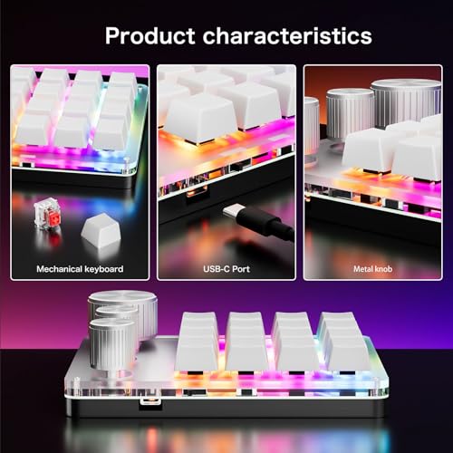 Programmable Macro Keyboard, 16 Keys 3 Knob Mini Mechanical Gaming Keypad Multifunctional Macropad with USB Wired Bluetooth Mode Volume Controller (White) - color: White