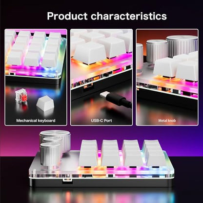 Programmable Macro Keyboard, 16 Keys 3 Knob Mini Mechanical Gaming Keypad Multifunctional Macropad with USB Wired Bluetooth Mode Volume Controller (White) - color: White