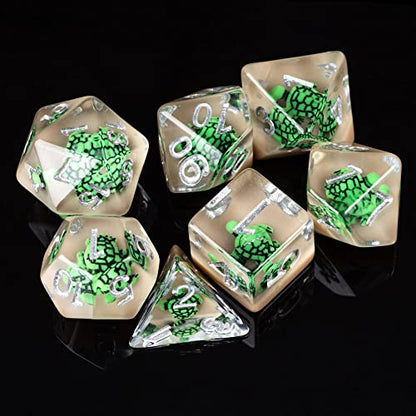 Cusdie 7-Die DND Dice, Polyhedral Dice Set Filled with Animal, for Role Playing Game D&D Dice (Green Turtle) - color: Green Turtle