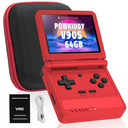 Powkiddy V90S Retro Handheld Console - 10,000+ Preloaded Games, Foldable Clamshell Design, 3.5" IPS Screen, 4-6 Hour Battery, Dual TF Slots (Red) - style: Red