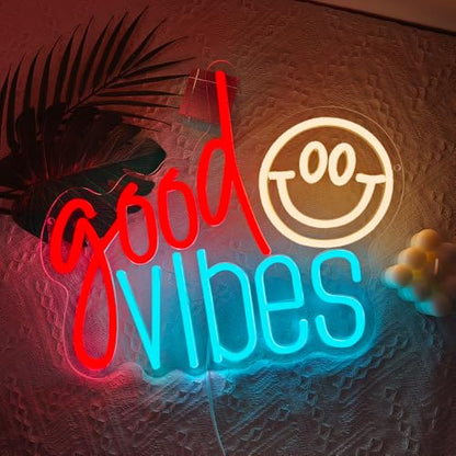 Good Vibes Neon Sign, Smile Face LED Neon Light for Wall Decor Good Vibes Light Up Lamp for Bedroom Dorm Game Room Wall Art Party Decorations Gift USB Powered(14.2"*11.8") - style: Good Vibes