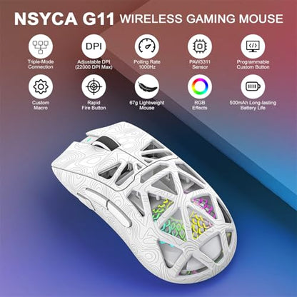 G11 RGB Wireless Gaming Mouse for Gaming Setup & Multi-Device Use, Tri-Mode Bluetooth 5.1/2.4GHz/USB-C, 22000 DPI Lightweight Programmable Mouse for PC, Laptop & Mac - color: Line White