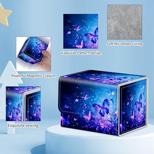 for MTG Commander Deck Box,Card Deck Box for Trading Yugioh MTG,Fits 100 Double Sleeved Cards,PU Leather Strong Magnet Case for Magic Commander TCG CCG,Blue Glitter Butterfly - color: Blue Glitter Butterfly