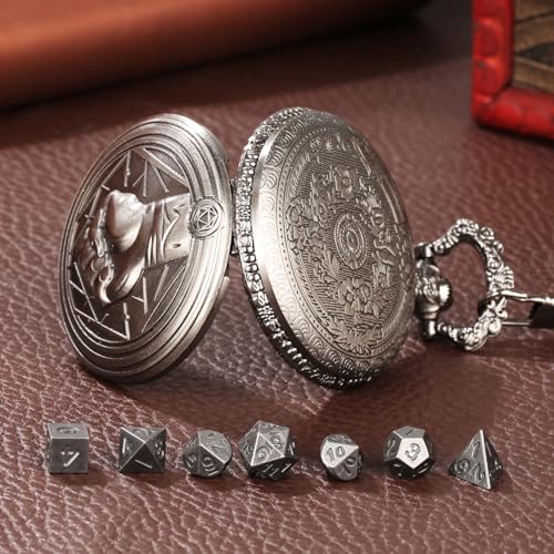 Mini DND Dice Set with Steampunk Monk (Fist) Pocket Watch Case, Tiny 7PCS Polyhedral Metal D&D Dice, DND Gifts with Gift Box, Role Playing Game Board Game Accessories Dice, Dark Silver - color: Dark Silver