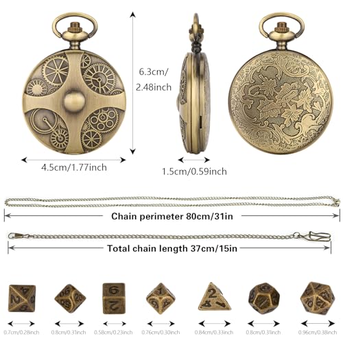 Mini DND Dice Set with Bronze Steampunk Gear Pocket Watch Shell Case, 7pcs Polyhedral Metal DND Dice Set, D&D Gifts with Gift Box, Role Playing Board Games DND Accessories - color: Gear