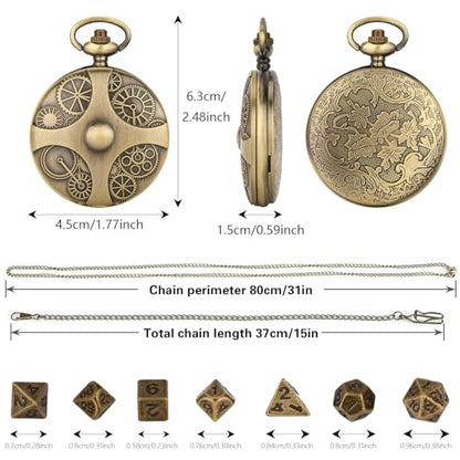 Mini DND Dice Set with Bronze Steampunk Gear Pocket Watch Shell Case, 7pcs Polyhedral Metal DND Dice Set, D&D Gifts with Gift Box, Role Playing Board Games DND Accessories - color: Gear