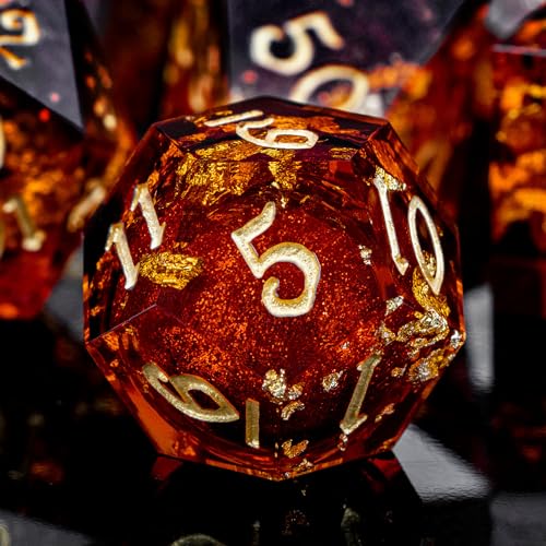 ARUOHHA Liquid Core DND Dice Set, 7pcs Resin Sharp Edged Dragons Dice Compatible with D&D Role Playing Games, RPG Golden Numbers Red Dungeons Polyhedral Dice with Gift Box, D and D Dice Set D20 D10 D6 - color: Golden Red
