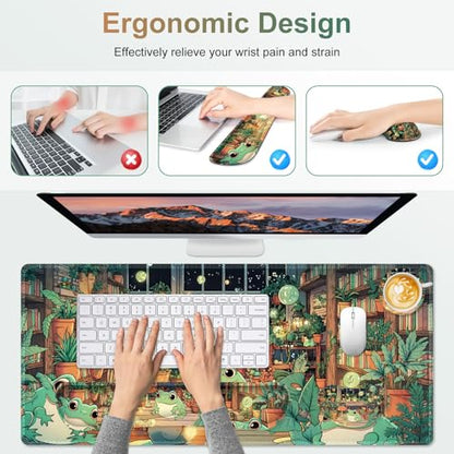 Large Gaming Mouse Pad Set, 4 in 1 Ergonomics Keyboard Desk Mat with Memory Foam Wrist Rest, Computer PC Extended Game Mousepad, Non-Slip Desk Matt Easy Typing Pain Relief I Frog & Mushroom - color: Frog & Mushroom