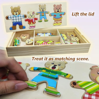 Wooden Bear Family Dress-up Puzzle Box for Toddlers(72pcs),Change Clothes Puzzle Games, Preschool Learning Activities Toys for Kids Ages 3+ - color: Bear
