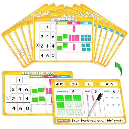 12 Packs Dry Erase Place Value Chart, Math Games for Kids Addition and Subtraction Flash Cards, White Board Math Manipulatives 1st 2nd 3rd Grade Teacher Classroom Must Haves Homeschool Supplie