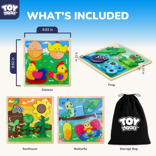 TOY Life Life Cycle Toys Puzzles for Kids, Wooden Puzzles for Toddlers 2-4, 4 Large Pieces Animal Puzzle for Toddlers 1-3, Montessori Toys for 1 2 3 Year Old Boy Girl, Baby Kids Educational Toy