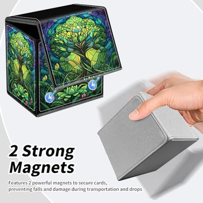 BVDIKMI Card Deck Box for MTG, Card Storage Box Fits 100+ Single Sleeved Cards, PU Leather Strong Magnet Card Deck Case Holder for Magic Commander TCG CCG, Green Tree - color: Green Tree