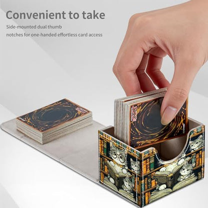 Cats Reading Books for MTG Deck Box, 100+ Double Sleeved Card Storage Case, PU Leather Commander Deck Case for TCG Magic Yugioh, Magnetic Closure - color: Cats Reading Books