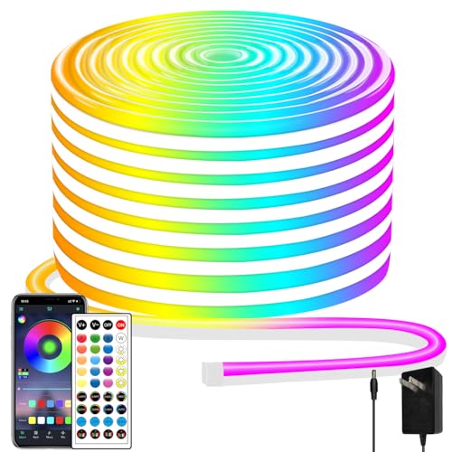 50ft LED Neon Lights with Remote and APP Control, IP65 Waterproof Flexible Neon Strip Lights 24V RGB LED Rope Lights for Bedroom,Living Room,DIY Decoration（with Snap &Screws） | Flexible Neon Strip Lights 24V RGB LED Rope Lights for Bedroom,Living Room,DIY