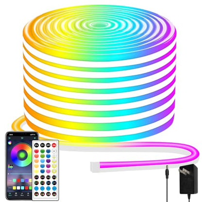 50ft LED Neon Lights with Remote and APP Control, IP65 Waterproof Flexible Neon Strip Lights 24V RGB LED Rope Lights for Bedroom,Living Room,DIY Decoration（with Snap &Screws） | Flexible Neon Strip Lights 24V RGB LED Rope Lights for Bedroom,Living Room,DIY
