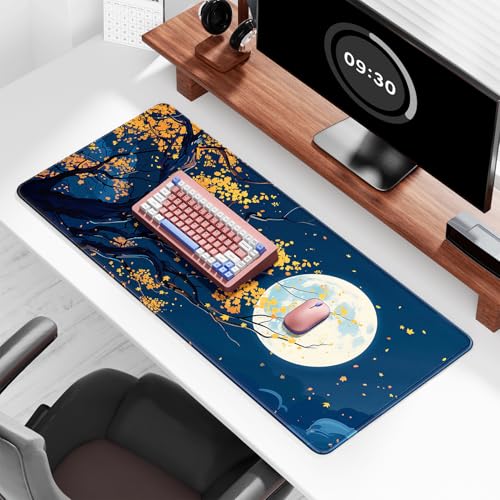 Auhoahsil Large Gaming Mouse Pad, Nature Theme XXL 35.4 x 15.7 in Desk Pad Stitched Non-Slip Rubber Long Computer Mousepad Thin Extended Full Size Desk Mat for Desktop Laptop Wireless Mice, Maple - color: 29 Maple Moon, size: 35.5L x 15.7W inches