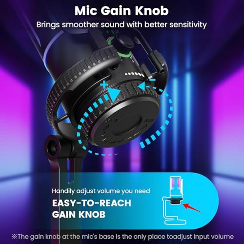 Gaming Microphone with Noise Cancelation & Gain Control | USB PC Mic for Streaming, Gaming, Podcasts, PS4 -Includes Pop Filter, Shock Mount, Quick Mute & RGB Lighting