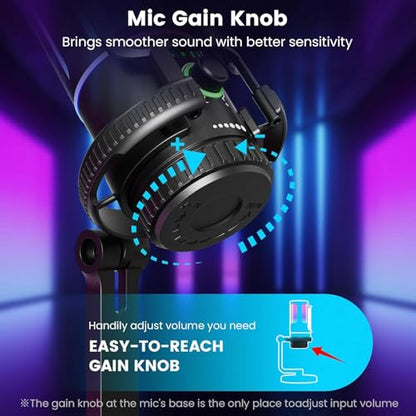 Gaming Microphone with Noise Cancelation & Gain Control | USB PC Mic for Streaming, Gaming, Podcasts, PS4 -Includes Pop Filter, Shock Mount, Quick Mute & RGB Lighting