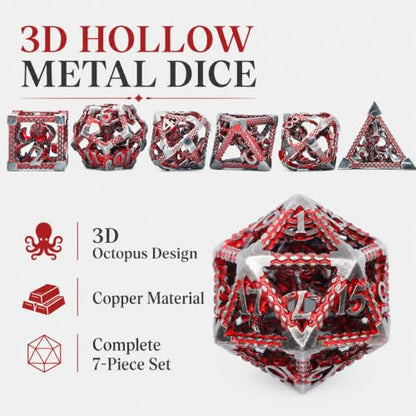 Hollow Cthulhu Dice Set,7-Piece Polyhedral Dice for D&D,Blood | Lightweight 3D Hollow Octopus Dice with Clear Numbers, Copper Construction,Gift Box and Velvet Bag for RPG Play and Gifting. - color: Cthulhu Blood