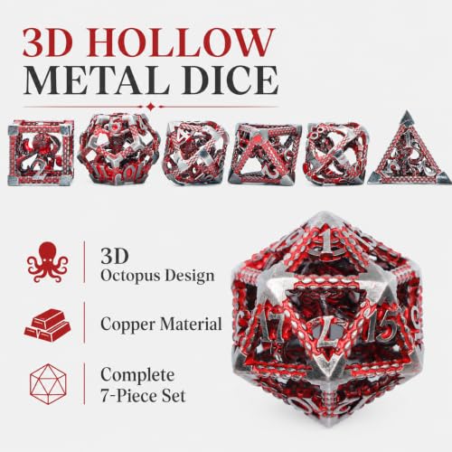 Hollow Cthulhu Dice Set,7-Piece Polyhedral Dice for D&D,Blood | Lightweight 3D Hollow Octopus Dice with Clear Numbers, Copper Construction,Gift Box and Velvet Bag for RPG Play and Gifting. - color: Cthulhu Blood
