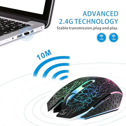 TENMOS M2 Wireless Gaming Mouse, Silent Rechargeable Optical USB Computer Mice Wireless with 7 Color LED Light, Ergonomic Design, 3 Adjustable DPI Compatible with Laptop/PC/Notebook, 6 Buttons (Black) | 2.4GHz Optical, 7 Color LED Lights, Ergonomic, Quiet
