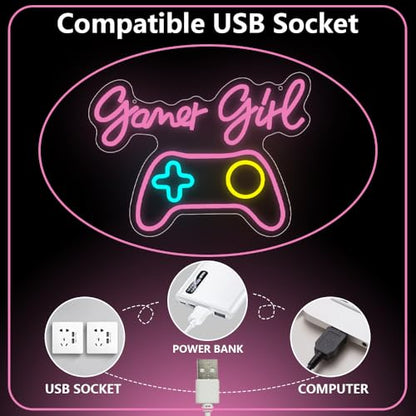 Gamer Neon Sign,Gaming Neon Sign for Gamer Room Decor LED Lights Girl's Bedroom Wall Decor Gamepad Dimmable Neon Gaming Sign for Party Decorations Girl Gifts USB Powered(15.4"*11.4") - style: Game Girl