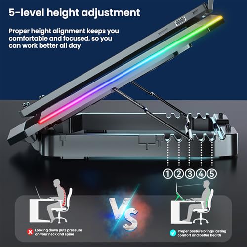 Laptop Cooling Pad with 8 Cooling Fans, Cooling Pad for Gaming Laptop Fan 12-17.3 Inch, Laptop Cooler Stand with 5 Height Adjustable, Notebook Cooler Pad with 2 USB Port, Phone Stand (8 Fans)