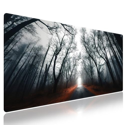 Misty Forest Road Large Mouse Pad, Foggy Bare Tree Path Enchanted Desk Mat | Keyboard Mat Stitched, 31.5" x 11.8", Gothic Nature Scenery, Dark Aesthetic Office Decor, Dark Woods Landscape, Anti-Slip - color: Vibrant Design J16K