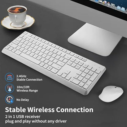 HUO JI Silent Wireless Keyboard and Mouse Combo, Quiet and Soft,Thin, White | 2.4G Full-Size Ergonomic Wireless Computer Keyboard Mouse for Windows, Laptop/PC/PS/Mac Desktop