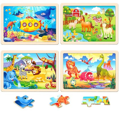 Wooden Puzzles for Kids Ages 4-6, 24 Pieces Dinosaur, Undersea, Wildlife, Farm Jigsaw Puzzles for Kids Ages 3-5. 4 Pack Toddler Puzzles Toys for Boys and Girls Ages 3,4,5,6 Year Old - color: Dinosaur+sea+animal+farm