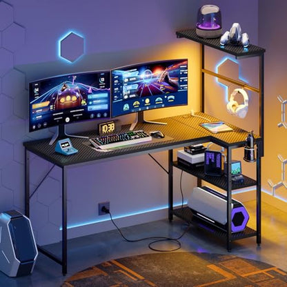 52" L-Shaped Gaming Desk with Power Outlets LED Lights, Black | Reversible Design, LED Lights, 4-Tier Storage Shelves, Headphone Hook, Foldable Cup Holder, Computer Desk, Home Office - color: Black, size: 52 Inch