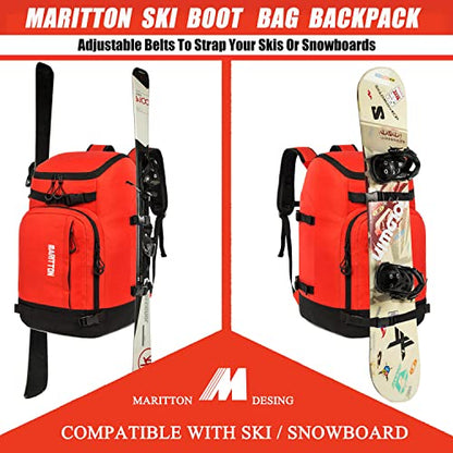Ski Boot Bag - Boot Travel Backpack for Snowboard & Ski Boots, Helmet, Goggles, Gloves, Accessories - color: red